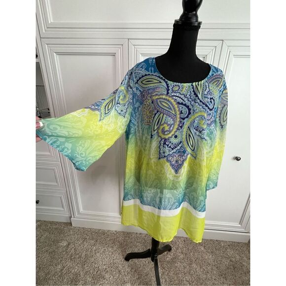 Maggie Barnes for Catherines Yellow & Green Paisley Print Blouse/Cover-up - Picture 2 of 5